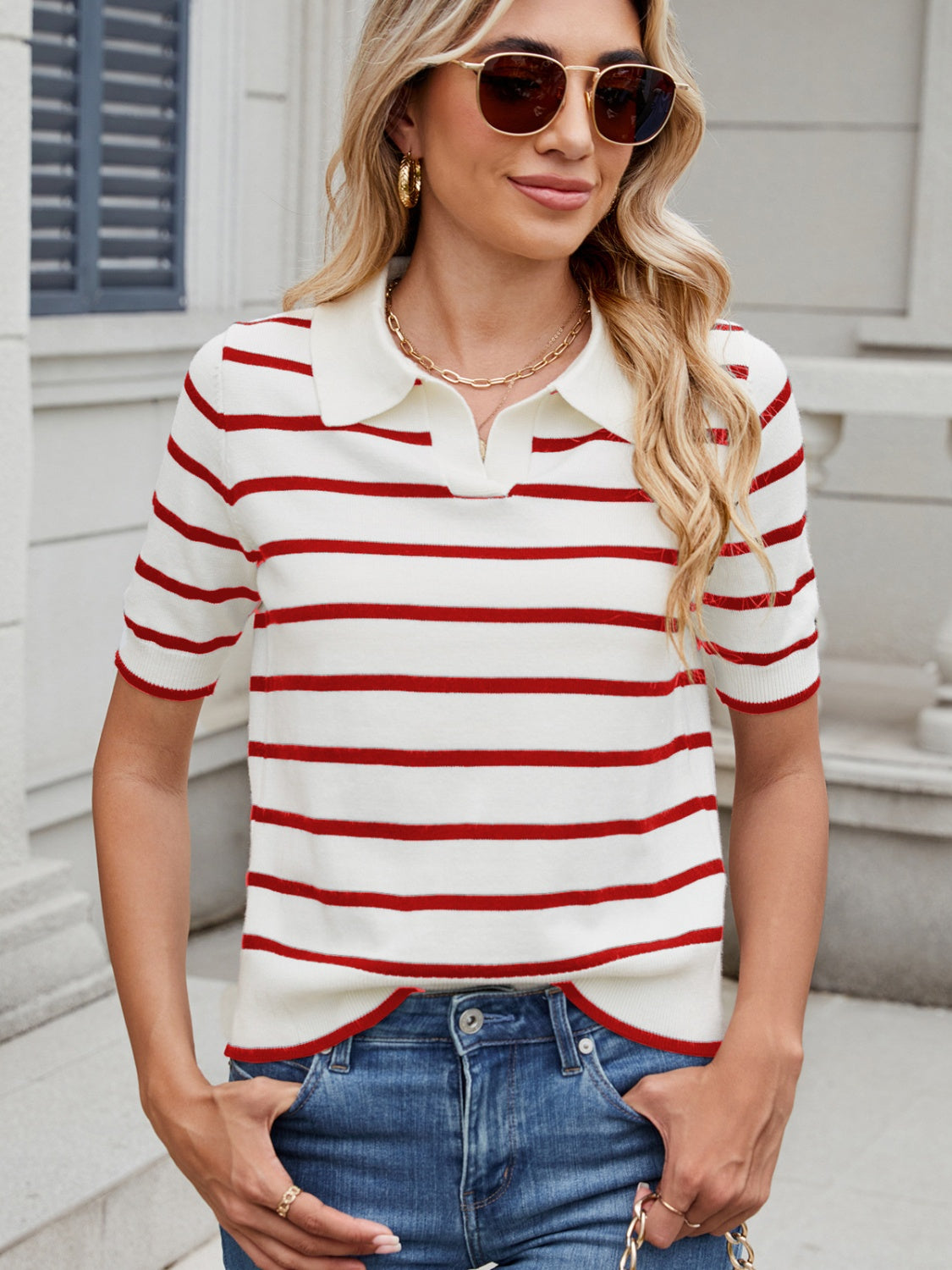 Striped Johnny Collar Short Sleeve Sweater