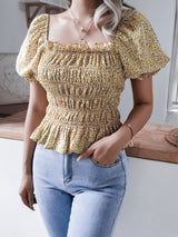 Frill Smocked Square Neck Short Sleeve Blouse