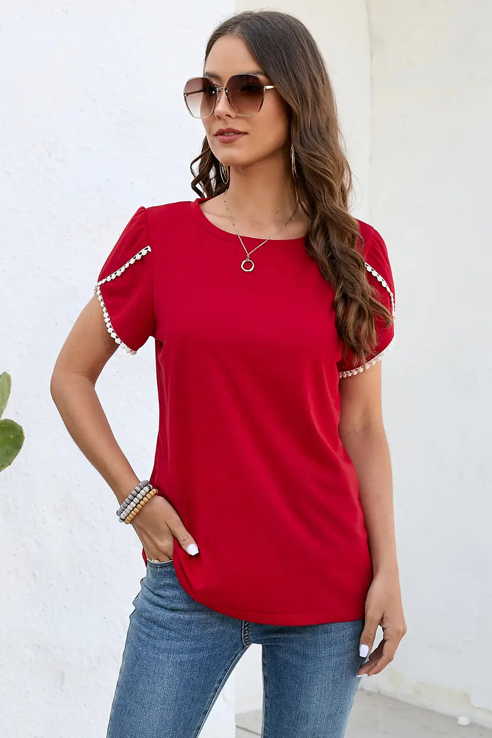 IZURIA Round Neck Petal Sleeve T-Shirt