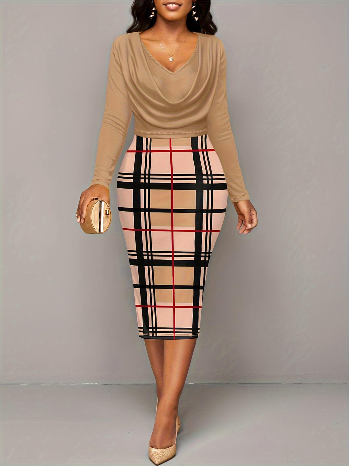 Plus Size Plaid Long Sleeve Mini Dress