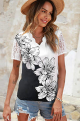 Shiny Floral Graphic Scalloped V-Neck Top