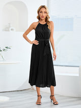 Pleated Spaghetti Strap Tie Waist Midi Dress