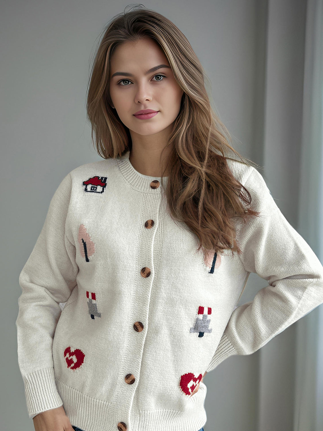 Button Up Round Neck Long Sleeve Cardigan