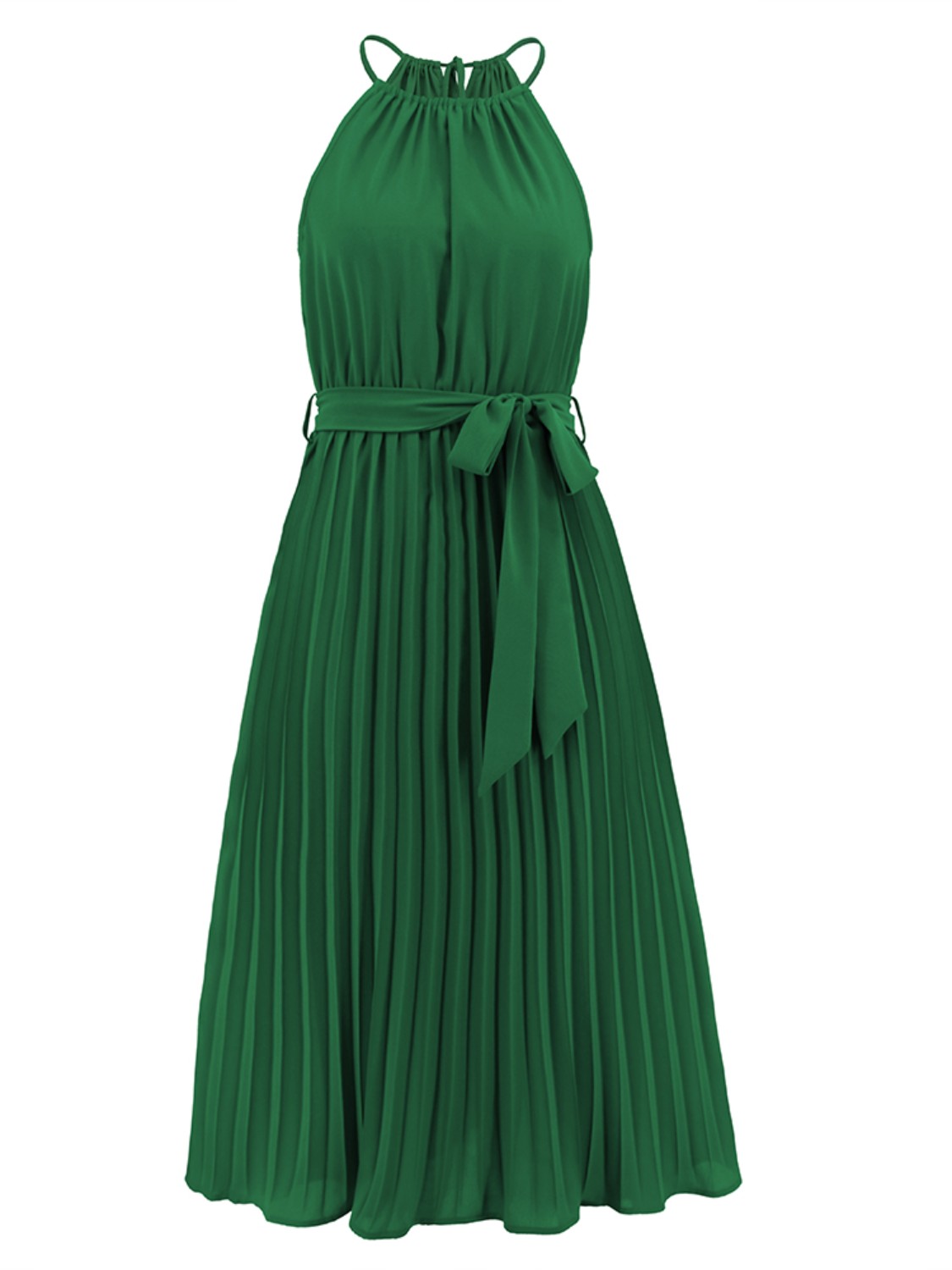 Pleated Spaghetti Strap Tie Waist Midi Dress