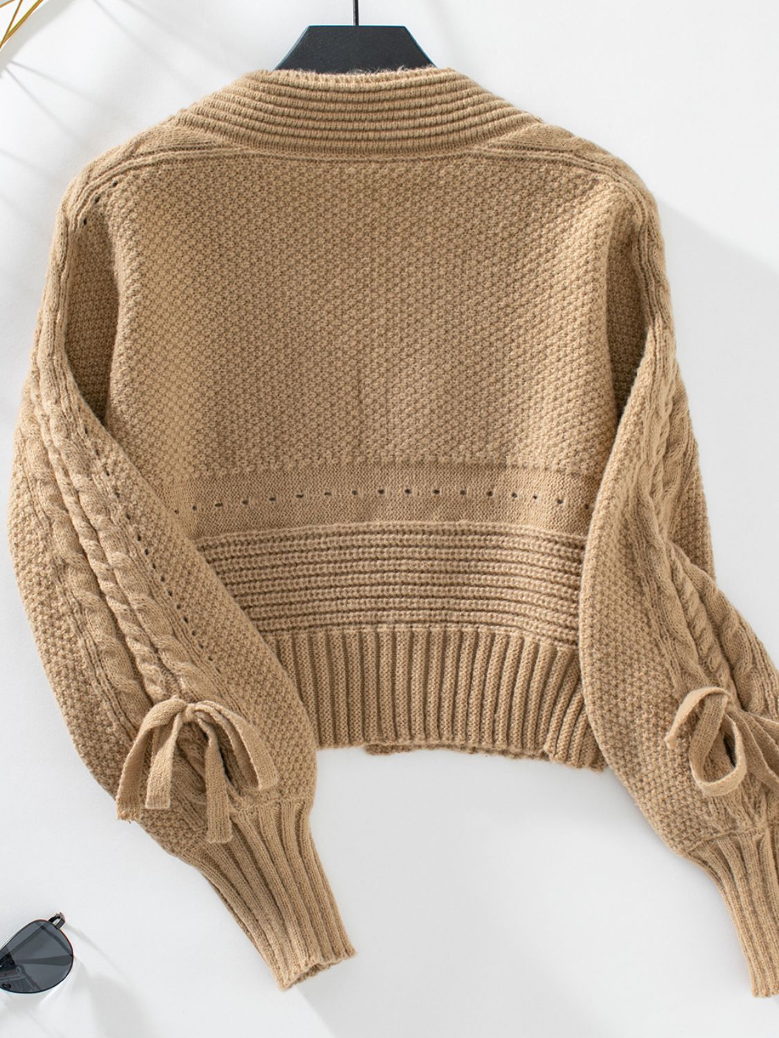 Cable-Knit Tied Open Front Lantern Sleeve Cardigan