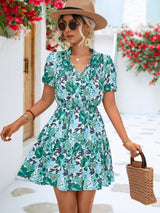 Floral Tie Neck Puff Sleeve Tiered Dress