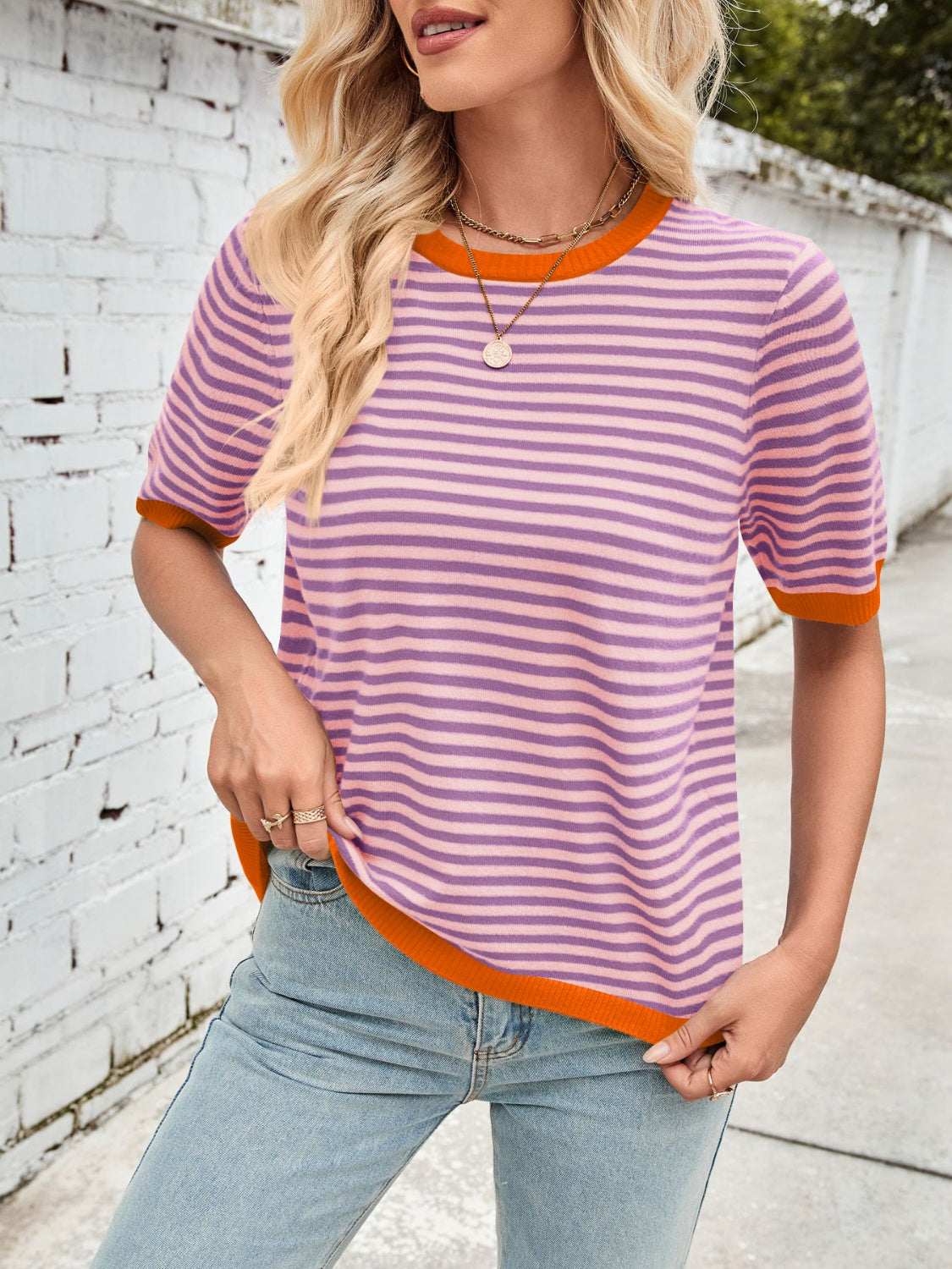 Lovelet Striped Contrast Round Neck Half Sleeve Knit Top