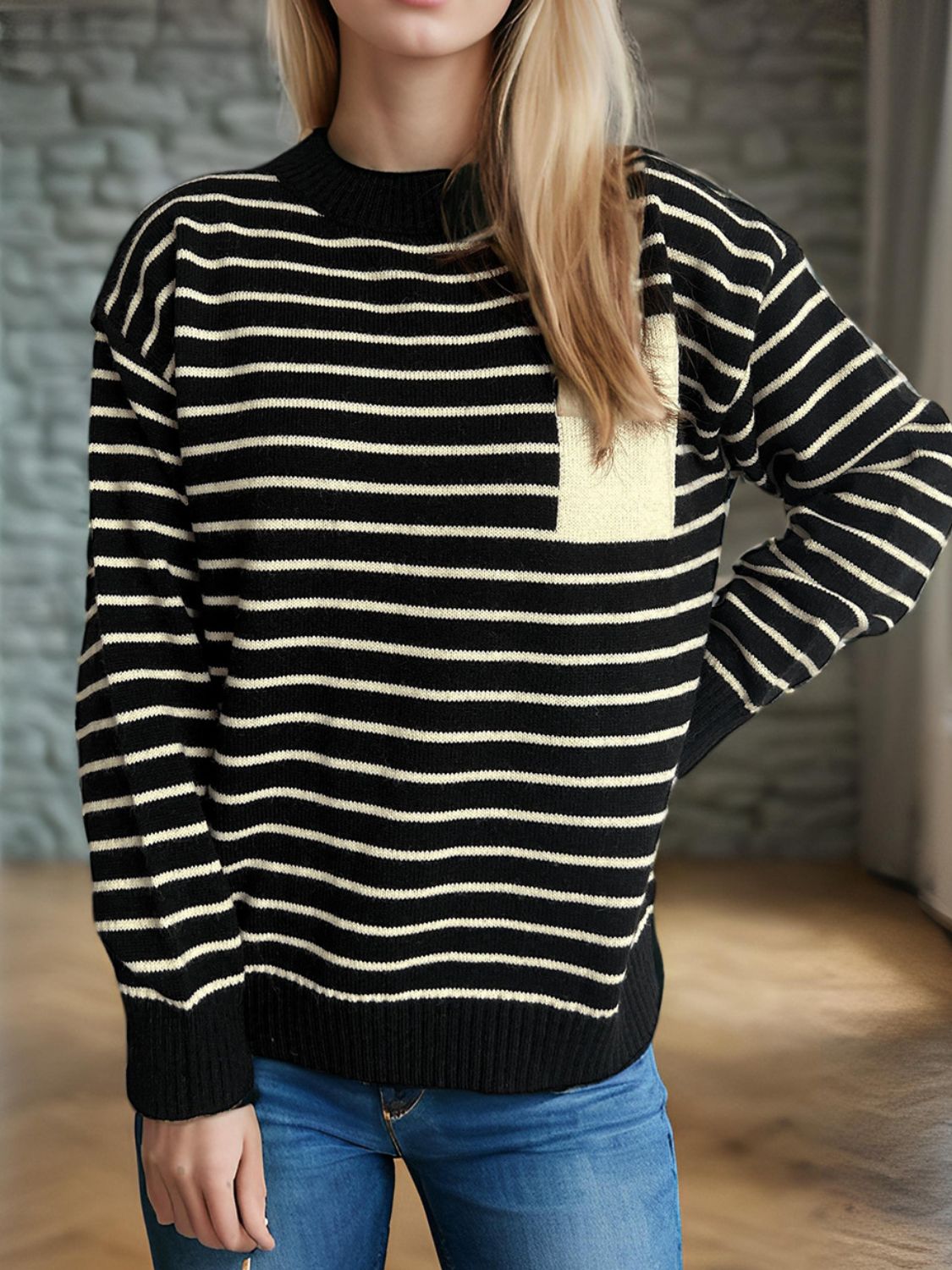 Striped Mock Neck Long Sleeve Sweater