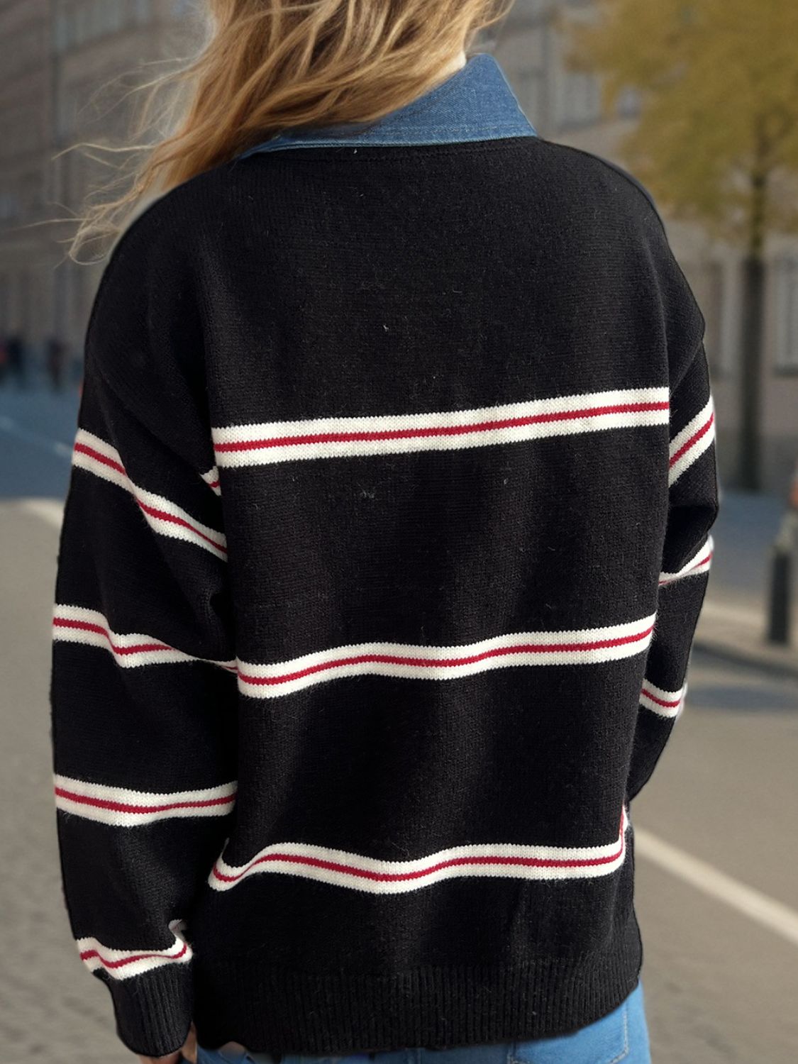 Contrast Stripes Round Neck Long Sleeve Sweater