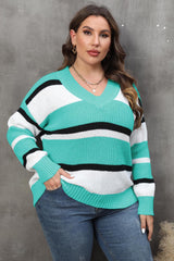 Plus Size Striped V-Neck Dropped Shoulder Sweater