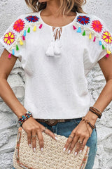 Tassel Tie Neck Short Sleeve Blouse