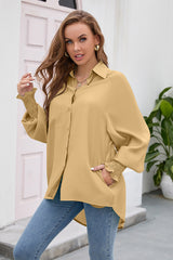 High-Low Collared Neck Lantern Sleeve Shirt