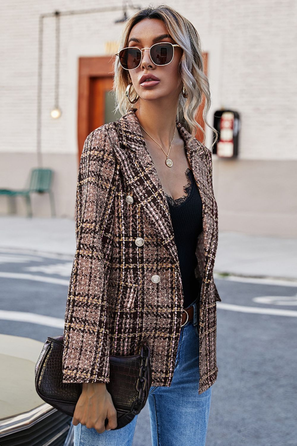 Full Size Plaid Buttoned Blazer