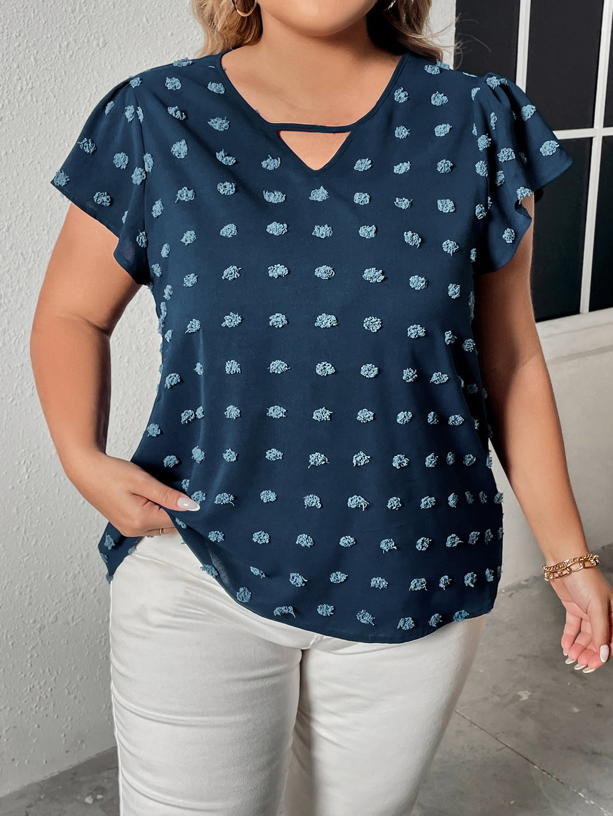 Honey Plus Size Swiss Dot V-Neck Flutter Sleeve Tee