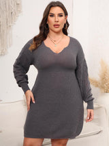 Plus Size Dropped Shoulder Long Sleeve Knit Mini Dress