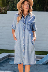 Pocketed Button Up Half Sleeve Denim Dress