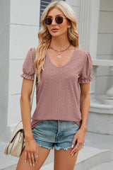 Eyelet Round Neck Flounce Sleeve T-Shirt