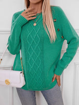 Decorative Button Round Neck Raglan Sleeve Sweater