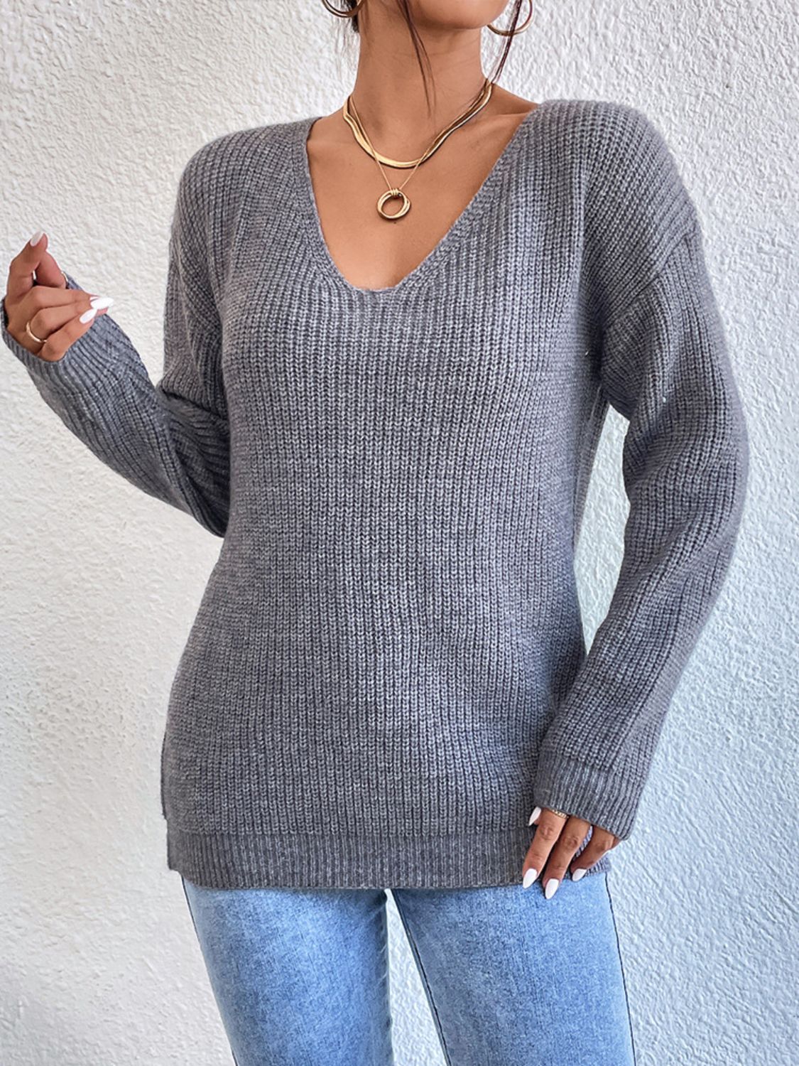 Crisscross V-Neck Long Sleeve Sweater