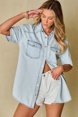 Slit Snap Down Short Sleeve Denim Top