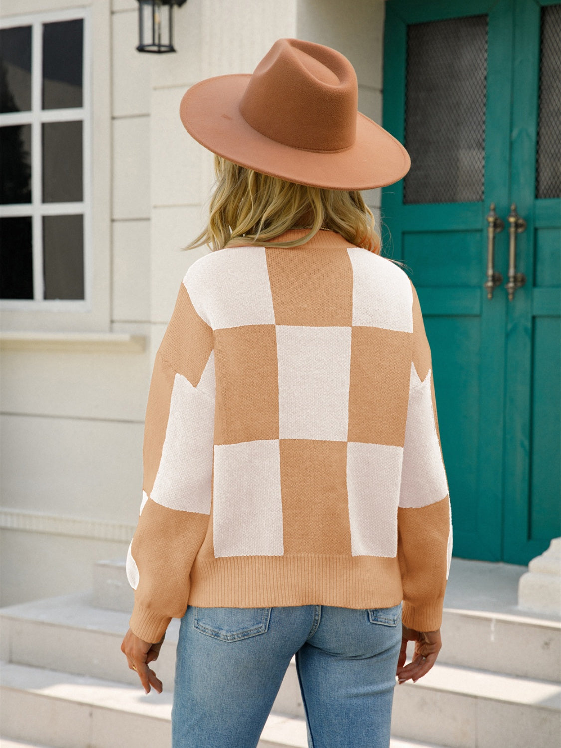 Angel Wings Checkered Round Neck Dropped Shoulder Sweater