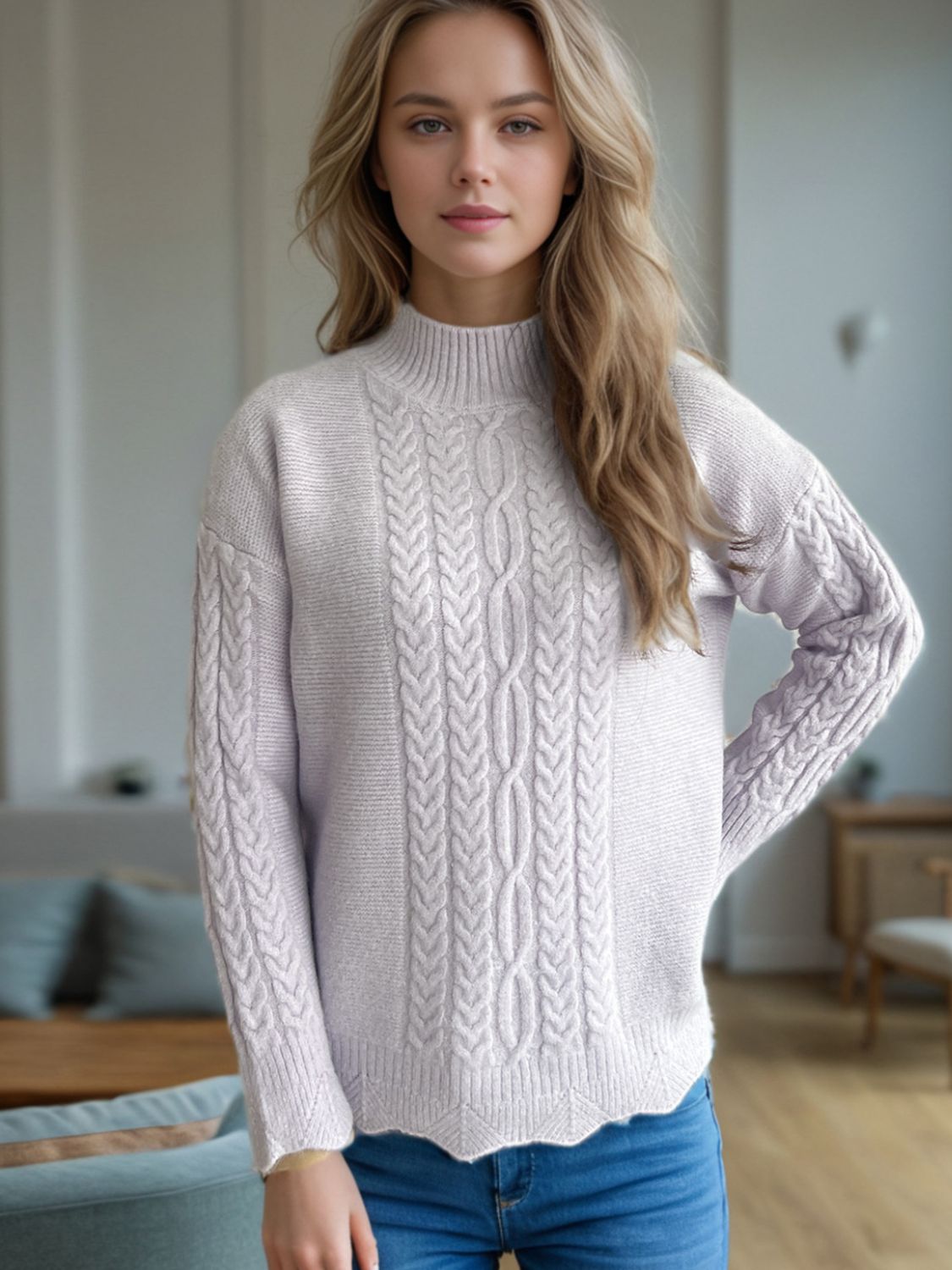 Cable-Knit Mock Neck Dropped Shoulder Sweater