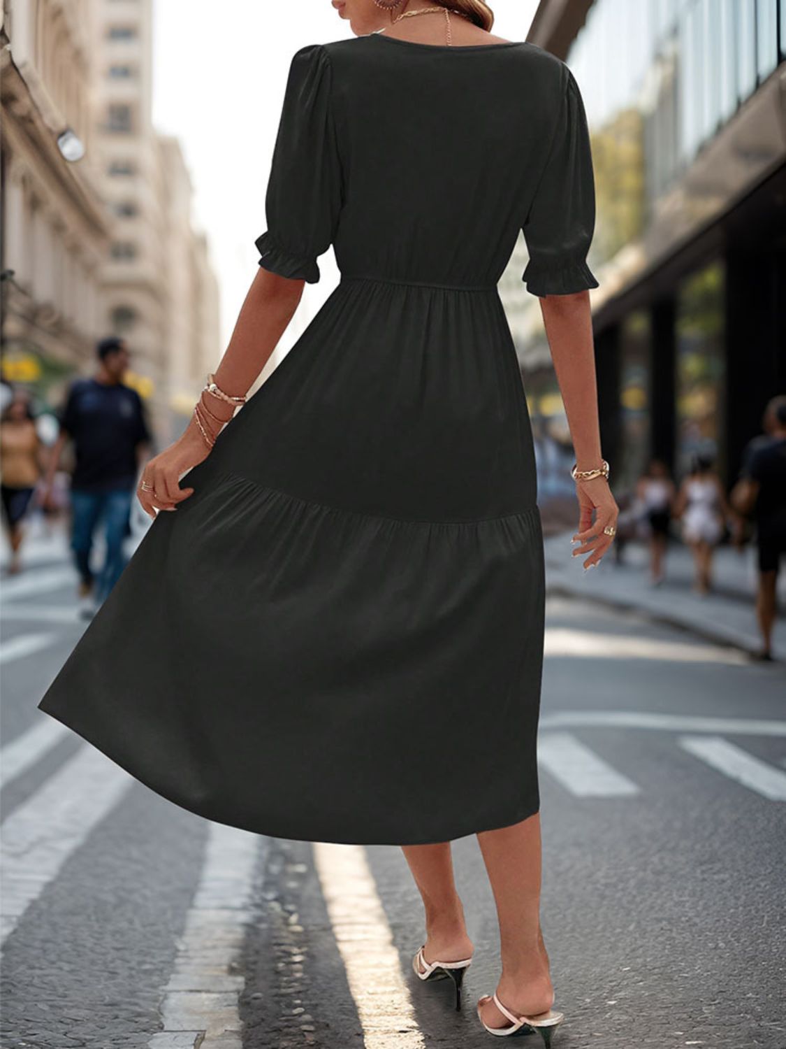 Perfee Ruched V-Neck Half Sleeve Midi Dress