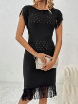 Fringe Openwork Boat Neck Knit Dress