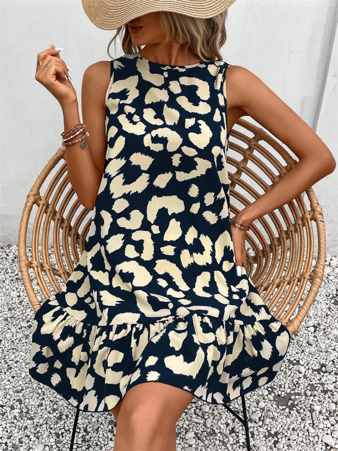 Tied Leopard Round Neck Tank Dress