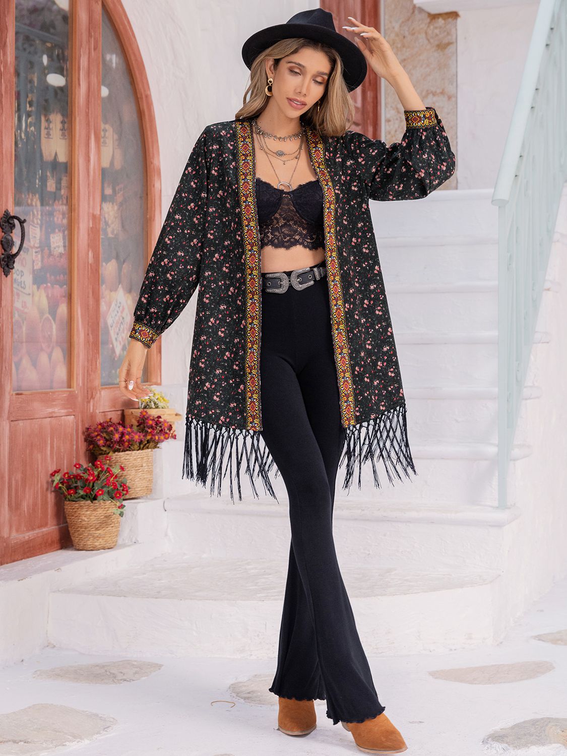 Printed Fringe Detail Cardigan