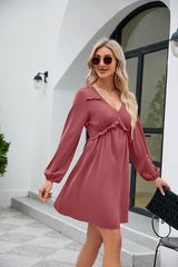 Frill Trim V-Neck Long Sleeve Dress