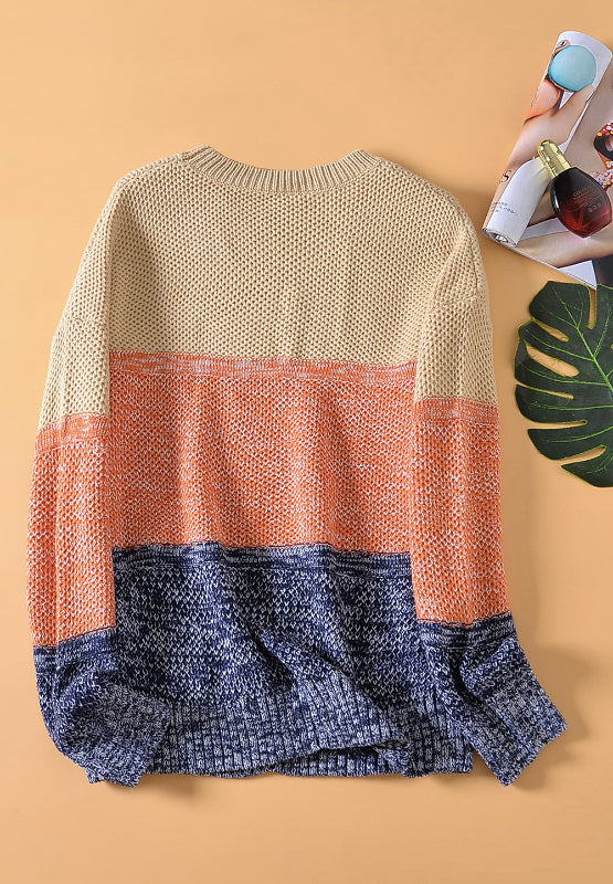 Color Block Round Neck Long Sleeve Sweater