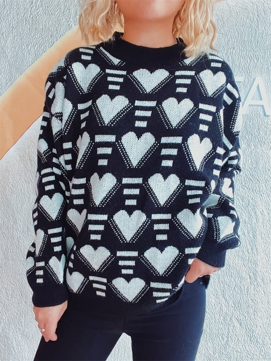 Heart Contrast Long Sleeve Dropped Shoulder Sweater