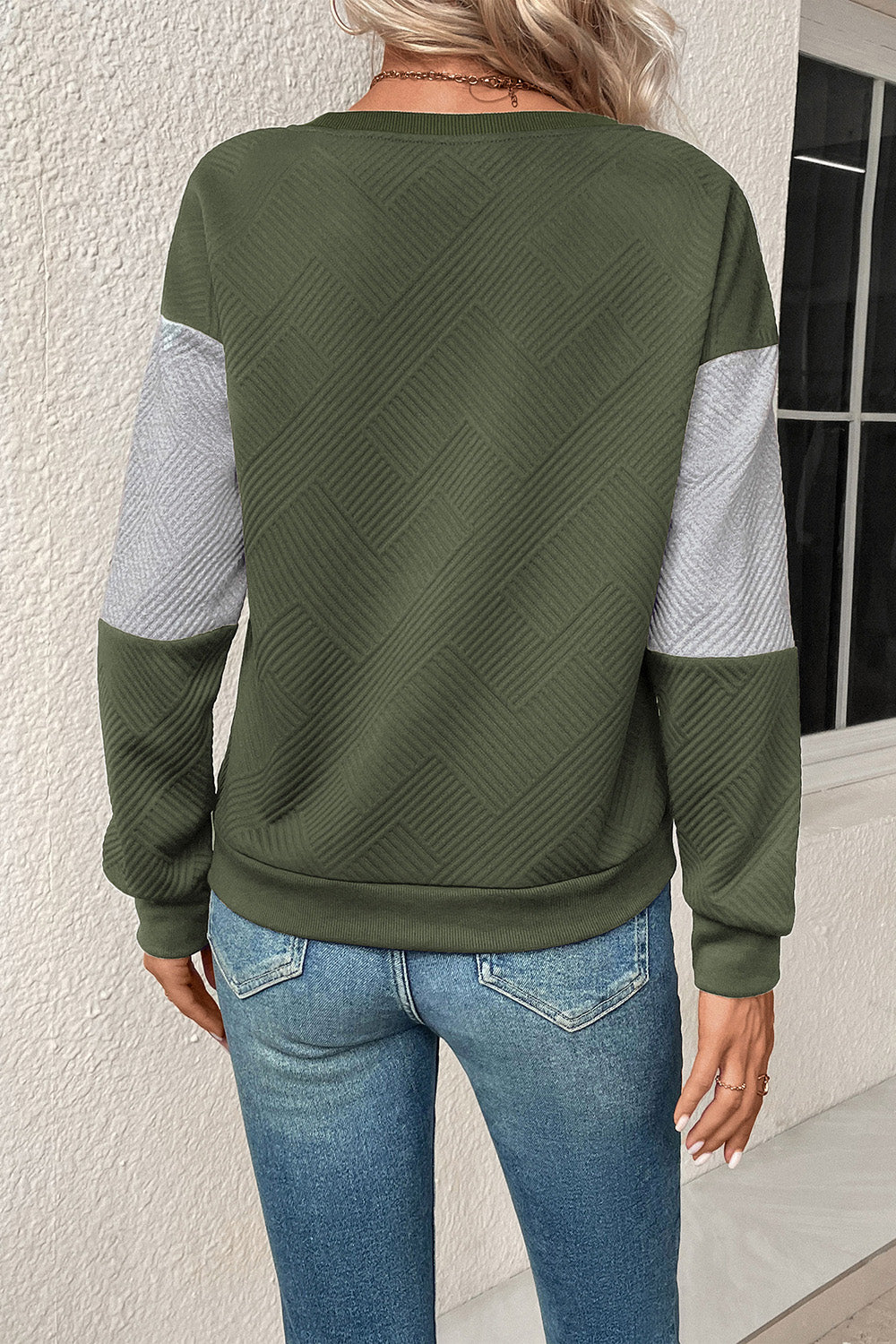 Perfee Textured Color Block Round Neck Sweatshirt