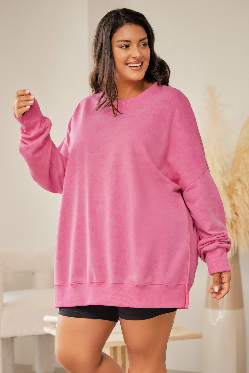 Plus Size Round Neck Drop Shoulder Slit Sweatshirt