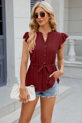 Eyelet Notched Cap Sleeve Blouse