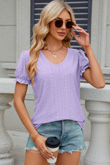 Eyelet Round Neck Flounce Sleeve T-Shirt