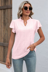 Eyelet Notched Flutter Sleeve T-Shirt