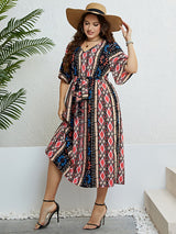 Honey Plus Size Bohemian V-Neck Tie Belt Midi Dress