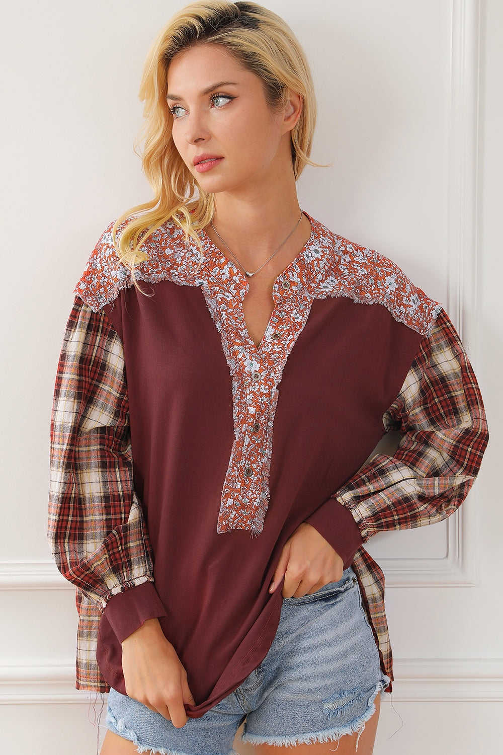 Plaid Notched Neck Slit Blouse