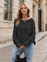 Round Neck Dropped Shoulder Long Sleeve Sweater