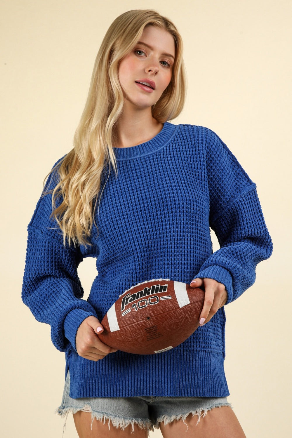 VERY J Waffle-Knit Exposed Seam Round Neck Sweater