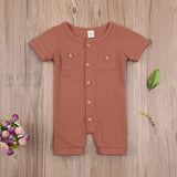 Solid Color Short Sleeve Round Neck Button Baby Playsuit