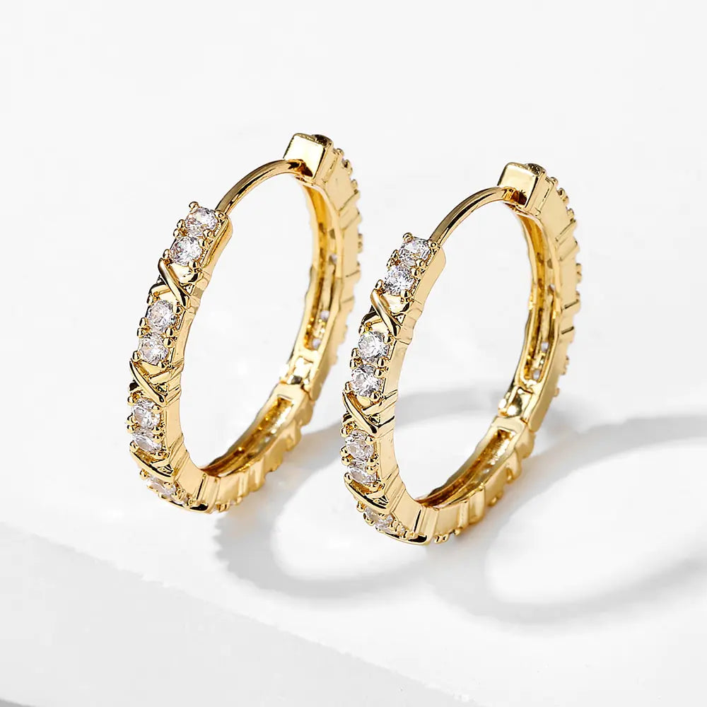 Gold Plated Zircon Cross X Hoop Earrings for Woman